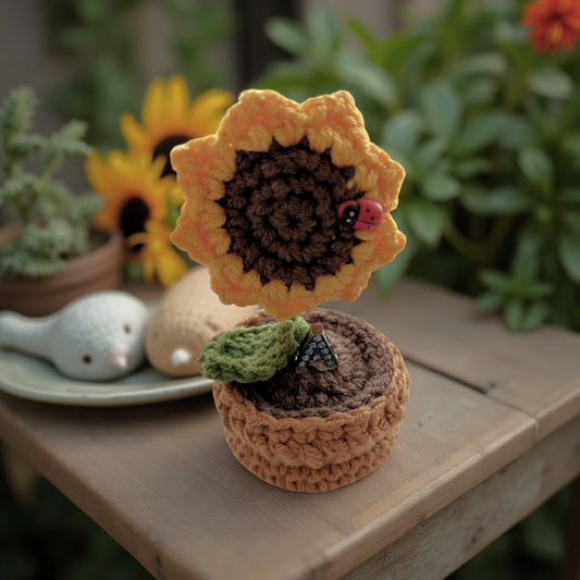 'Forever ILY 🌻' Handmade Forever Blooming Crochet Sunflower Pot With Ladybug Charm & Custom Initial           (Free card included)