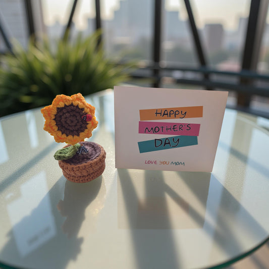 'Forever ILY 🌻' Handmade Forever Blooming Crochet Sunflower Pot With Ladybug Charm & Custom Initial           (Free card included)