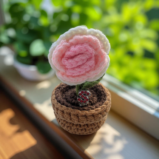 'Beautiful Bloom🌹' Handmade Forever Blooming Crochet Pastel Pink Rose Pot & Custom Initial           (Free card included)