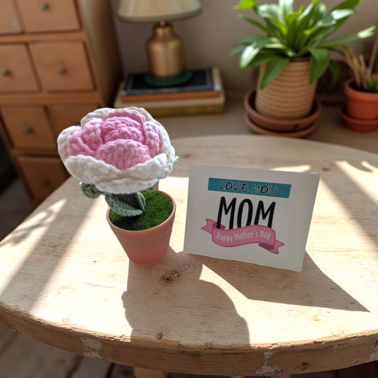 Forever Peony Bloom – Handmade Crochet Flower in Pot & Custom Initial (Free card included)