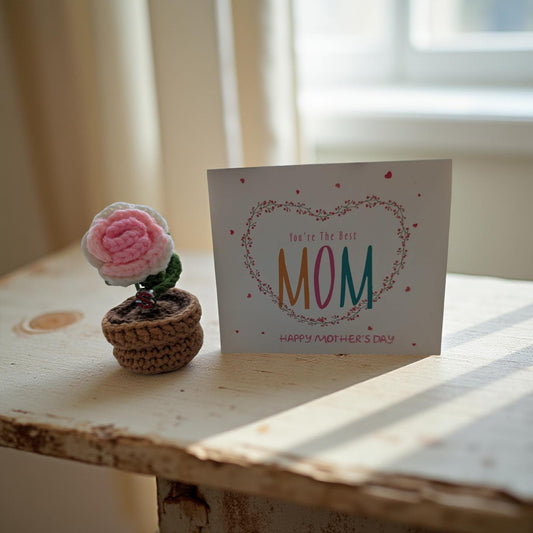 'Beautiful Bloom🌹' Handmade Forever Blooming Crochet Pastel Pink Rose Pot & Custom Initial           (Free card included)
